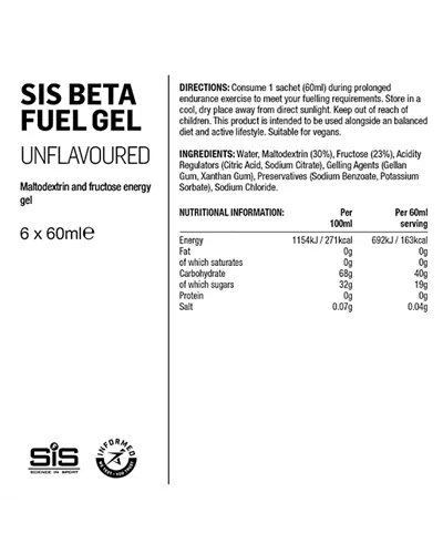 SIS Beta Fuel Energy Gel Unflavoured, 60ml (6 gels box)