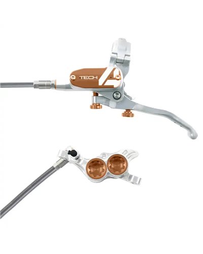 Hope Tech4 E4 Braided Kit Freno a Disco Anteriore 4 Pistoncini per Freeride/AM, Argento/Bronzo