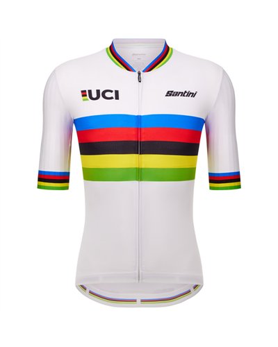 Santini UCI World Champion Official Men's Short Sleeve Cycling Jersey, White/Rainbow