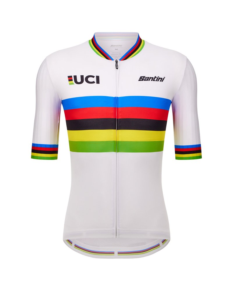 Santini UCI World Champion Official Maglia Maniche Corte Uomo, Bianco/Rainbow