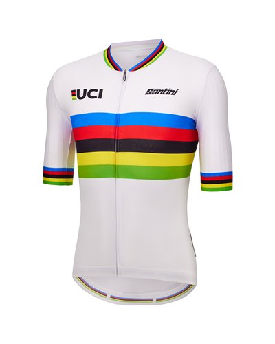 Santini UCI World Champion Official Maglia Maniche Corte Uomo, Bianco/Rainbow