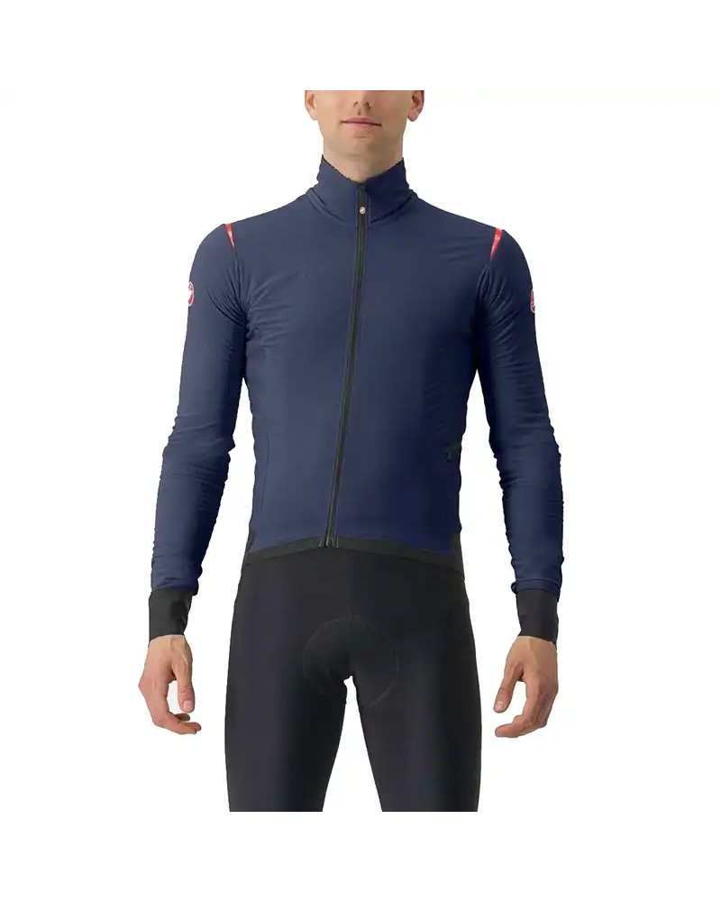 Castelli Alpha Flight RoS Polartec Giacca Antipioggia/Antivento Uomo, Belgian Blue/Pompeian Red-Rock