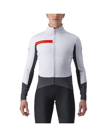 Castelli Beta RoS Polartec/NeoShell Men's Cycling Jacket, Silver Gray/Dark Gray-Red