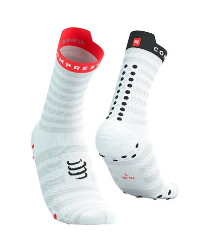 Compressport Pro Racing Socks V4.0 Ultralight Run High Cut Calze a Compressione, Bianco/Rosso Fluo/Nero