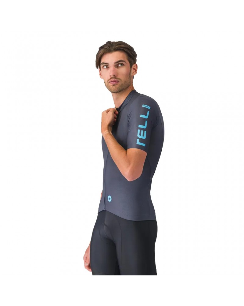 Castelli Entrata Apex Men's Full Zip Short Sleeve Cycling Jersey, Twilight Blue/Neon Cobalt