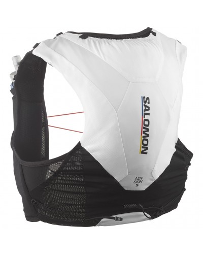 Salomon ADV Skin 5 Race Flag Set Zaino Gilet Idrico Running, Black/White (2 Soft Flask da 500 ml Incluse)