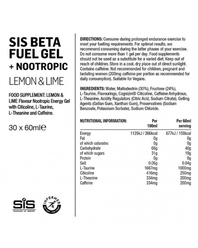 SIS Beta Fuel Energy Gel + Nootropics Lemon/Lime, 60ml (30 gels box)