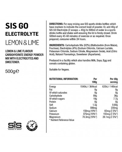 SIS GO Electrolyte Gusto Limone/Lime Polvere Energetica a Base di Maltodestrine e Sali Minerali, Barattolo da 500gr