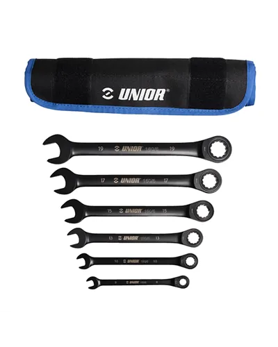 Unior Set of 6 Ratchet Combination Wrench 160/6Ct In Bag - 8-19 mm, Black