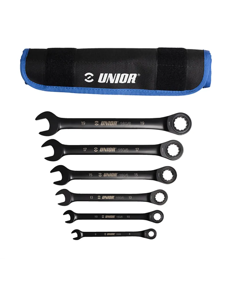Unior Set of 6 Ratchet Combination Wrench 160/6Ct In Bag - 8-19 mm, Black
