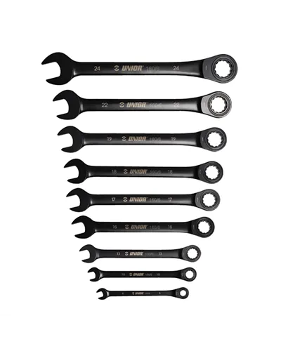 Unior Set of 9 Ratchet Combination Wrench 160/6CB - 8-24 mm, Black