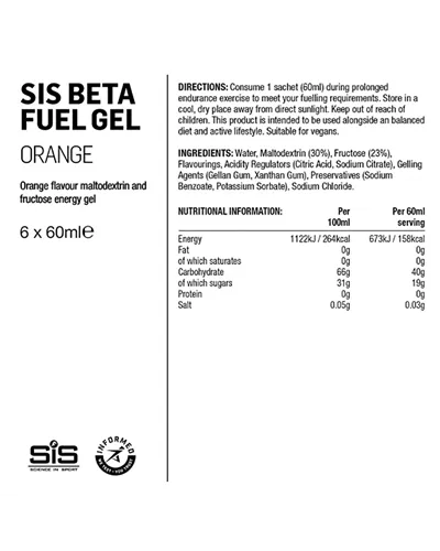 SIS Beta Fuel Energy Gel + Nootropics Orange, 60ml (6 gels box)