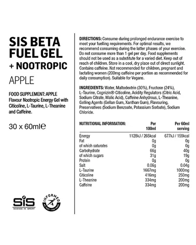 SIS Beta Fuel Energy Gel + Nootropics Apple, 60ml (30 gels box)