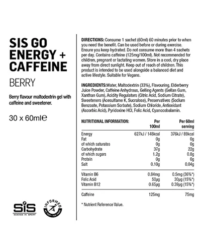 SIS GO Energy + Caffeine Gel Berry Flavour, 60ml (30 gels box)